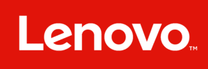 Le logo de Lenovo sur fond rouge, comportant le nom de l'entreprise en lettres majuscules blanches avec un symbole de marque en haut à droite.