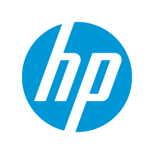 Logo HP en lettres blanches sur fond bleu circulaire.