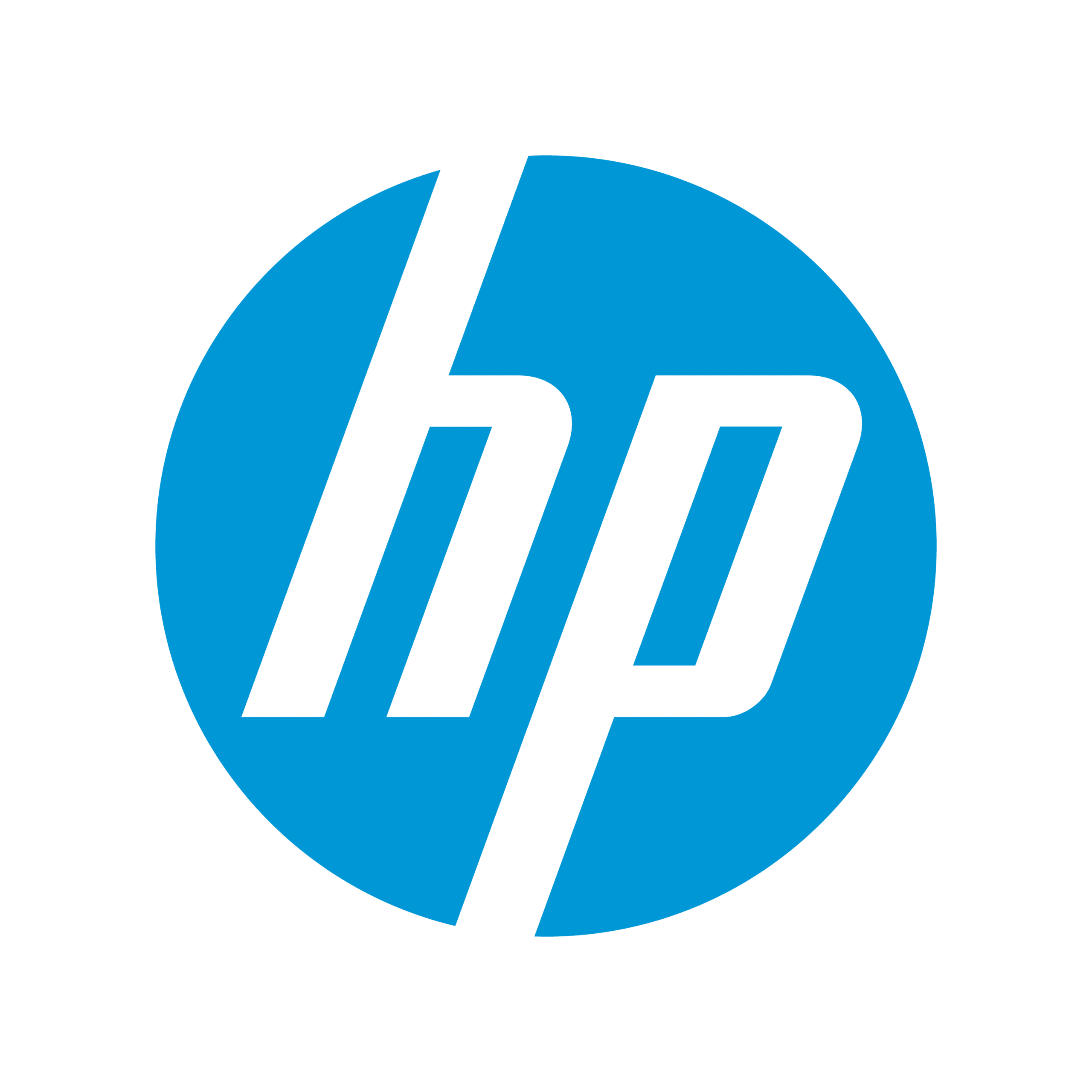 Logo HP en lettres blanches sur fond bleu circulaire.