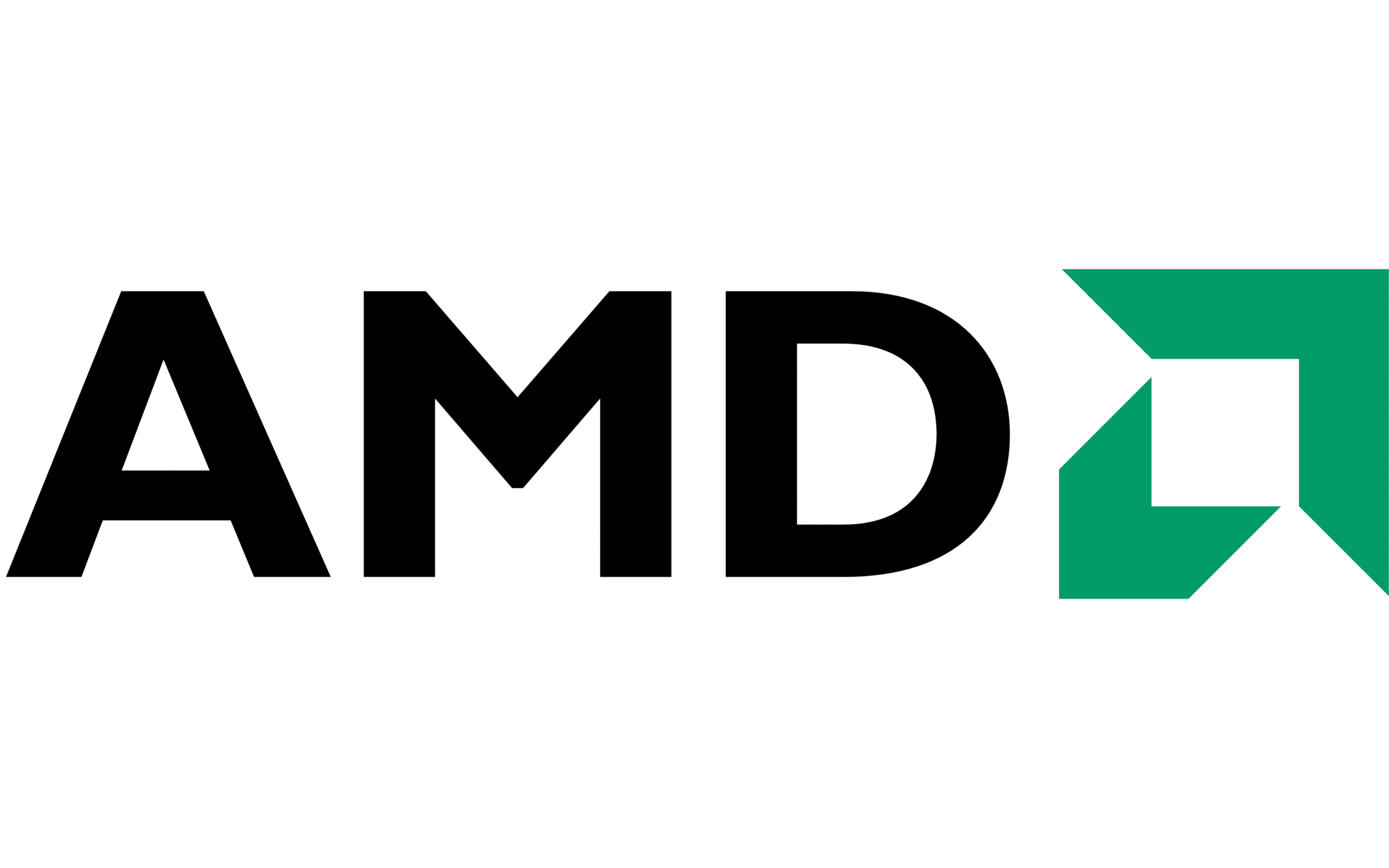 Le logo d'AMD (Advanced Micro Devices), comportant les lettres « AMD » en blanc avec une flèche verte sur fond vert foncé, représente sa gamme comprenant des processeurs et des cartes graphiques AMD.